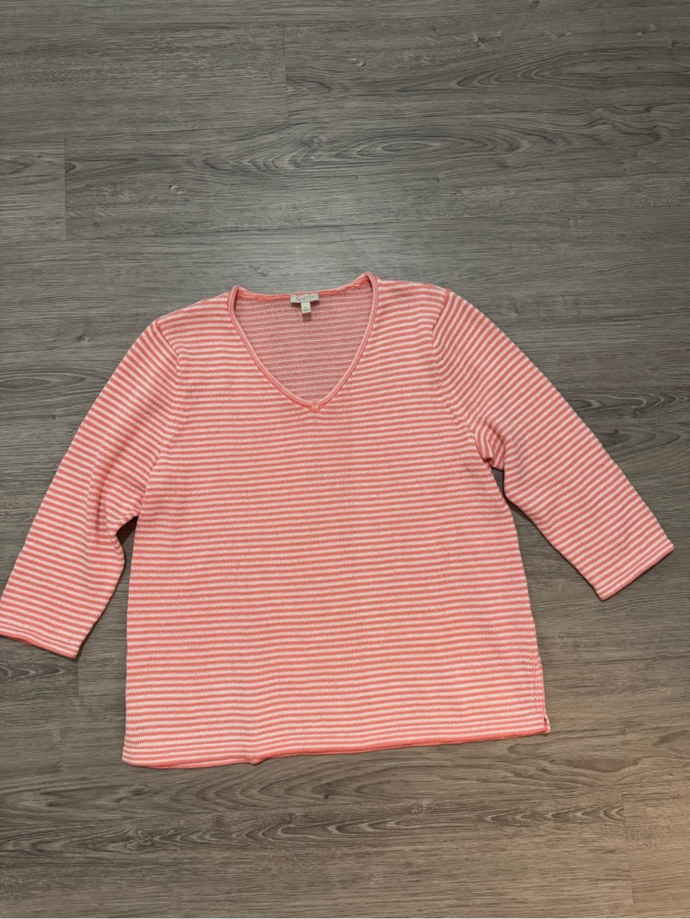 Talbots Petite Large Coral/White Narrow Stripe V-Neck Sweater EC